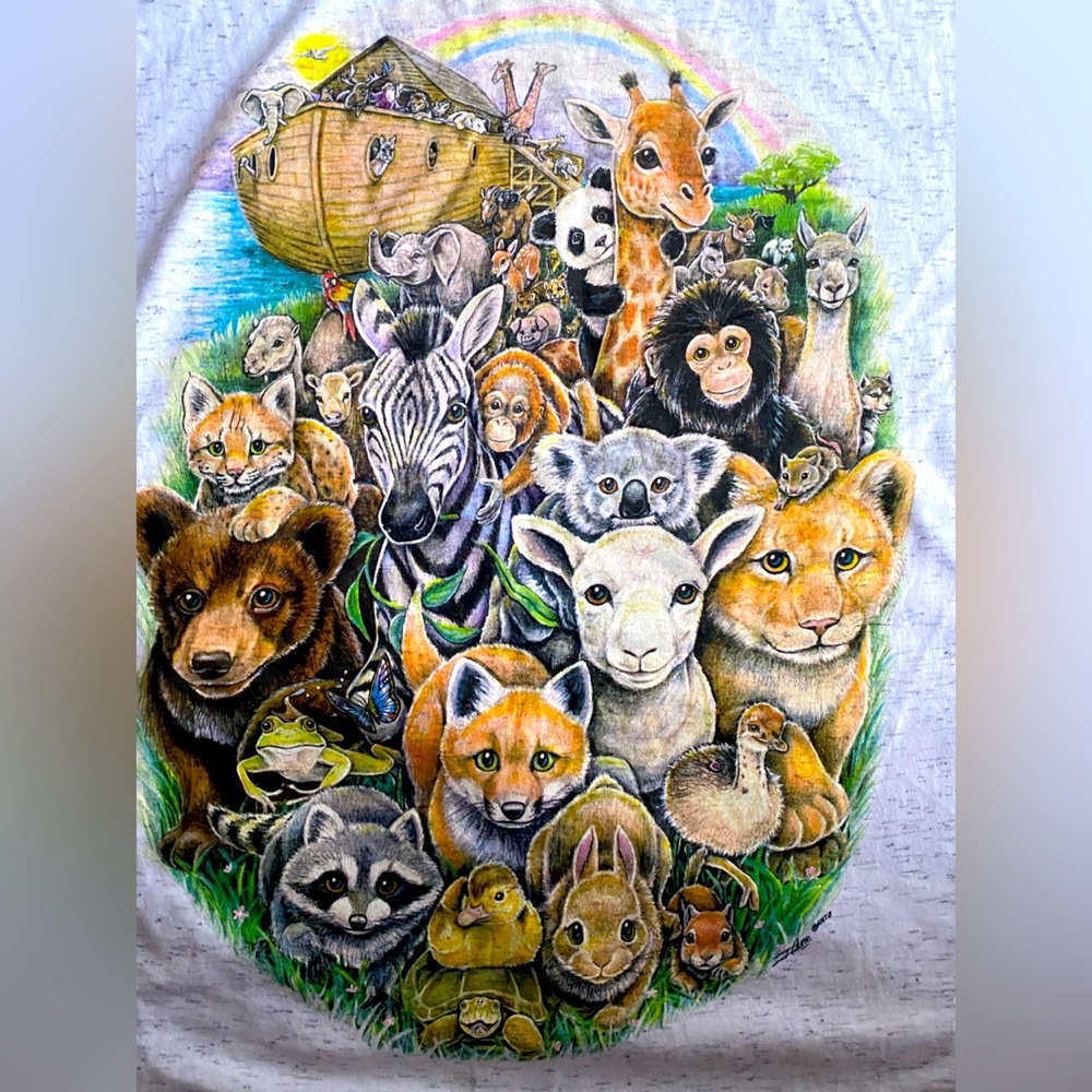 Vintage 90s Single Stitch Noah’s Ark Graphic Print T-shirt XXL.